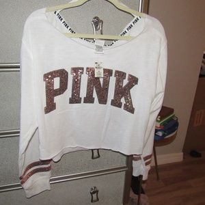 White Sequin PINK Off shoulder Cropped Sweater